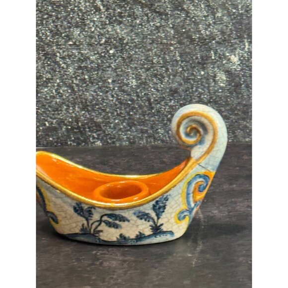 Vintage Veneto Flair Candlestick Signed 1976 Italian Ceramic Scroll Design - Picture 7 of 9